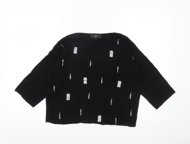 Next Womens Black Sequin Jumper Size 12 Crew Neck 3/4 Sleeve