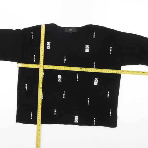 Next Womens Black Sequin Jumper Size 12 Crew Neck 3/4 Sleeve
