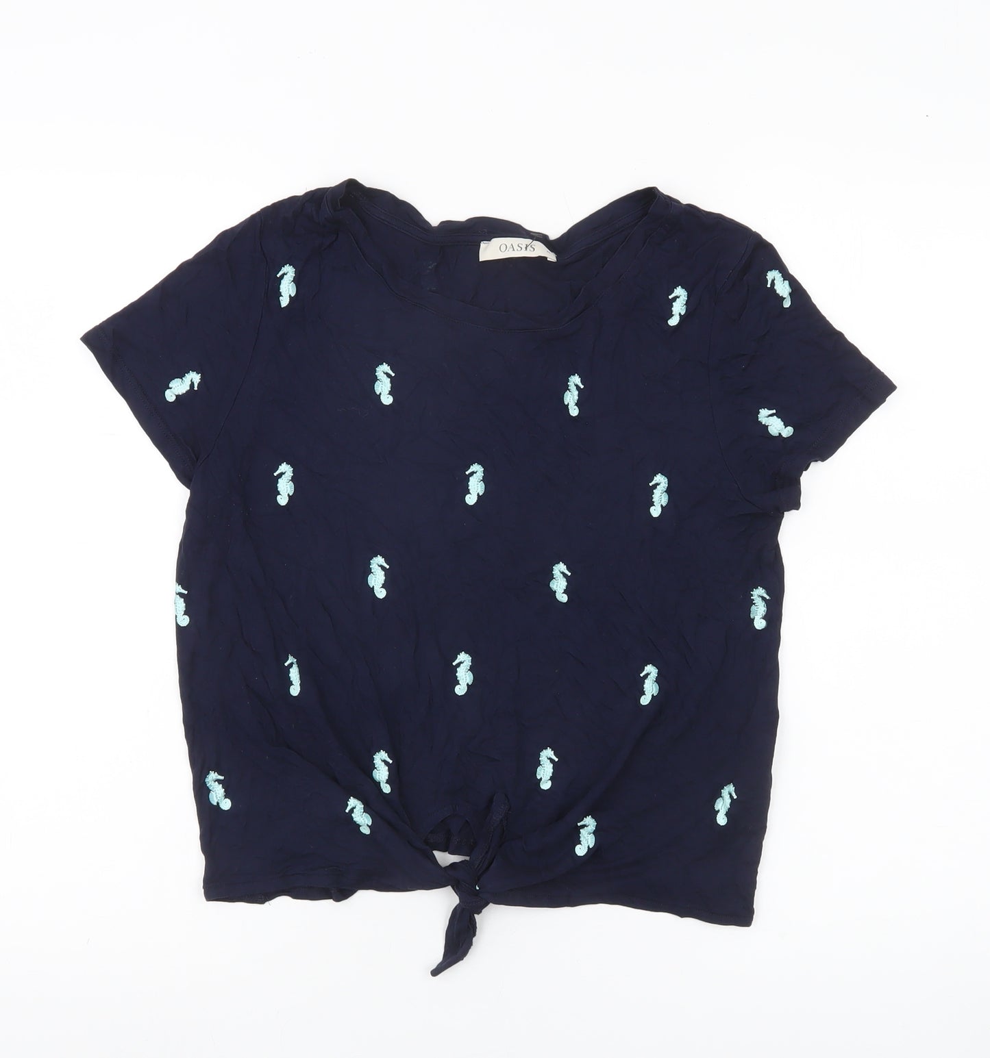 Oasis Womens Blue Seahorse Embroidered Cropped T-Shirt M
