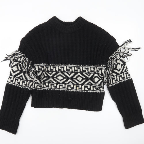 H&M Womens Black XS Geometric Fringe Knit Pullover Jumper