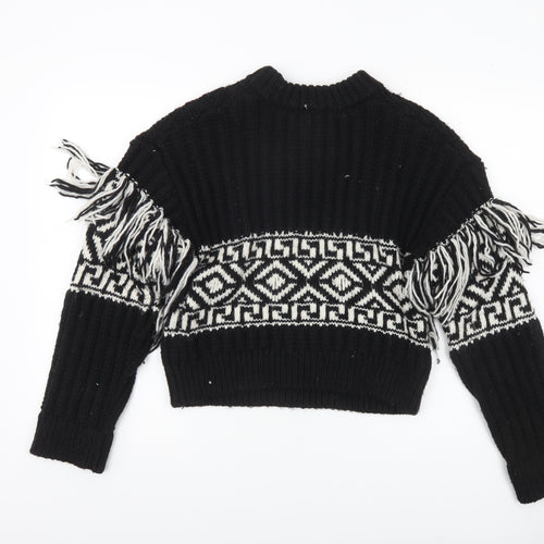 H&M Womens Black XS Geometric Fringe Knit Pullover Jumper