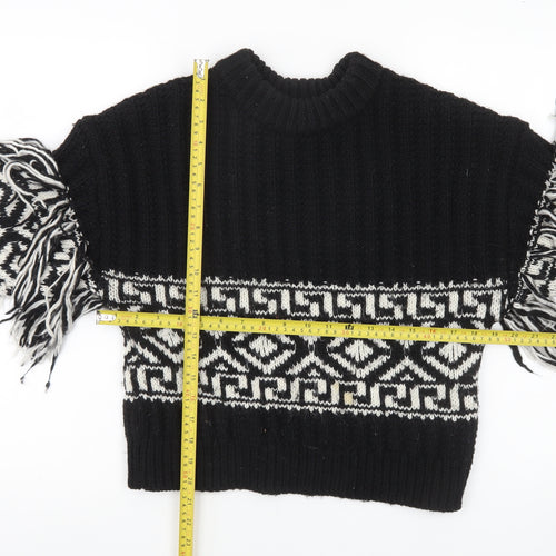 H&M Womens Black XS Geometric Fringe Knit Pullover Jumper