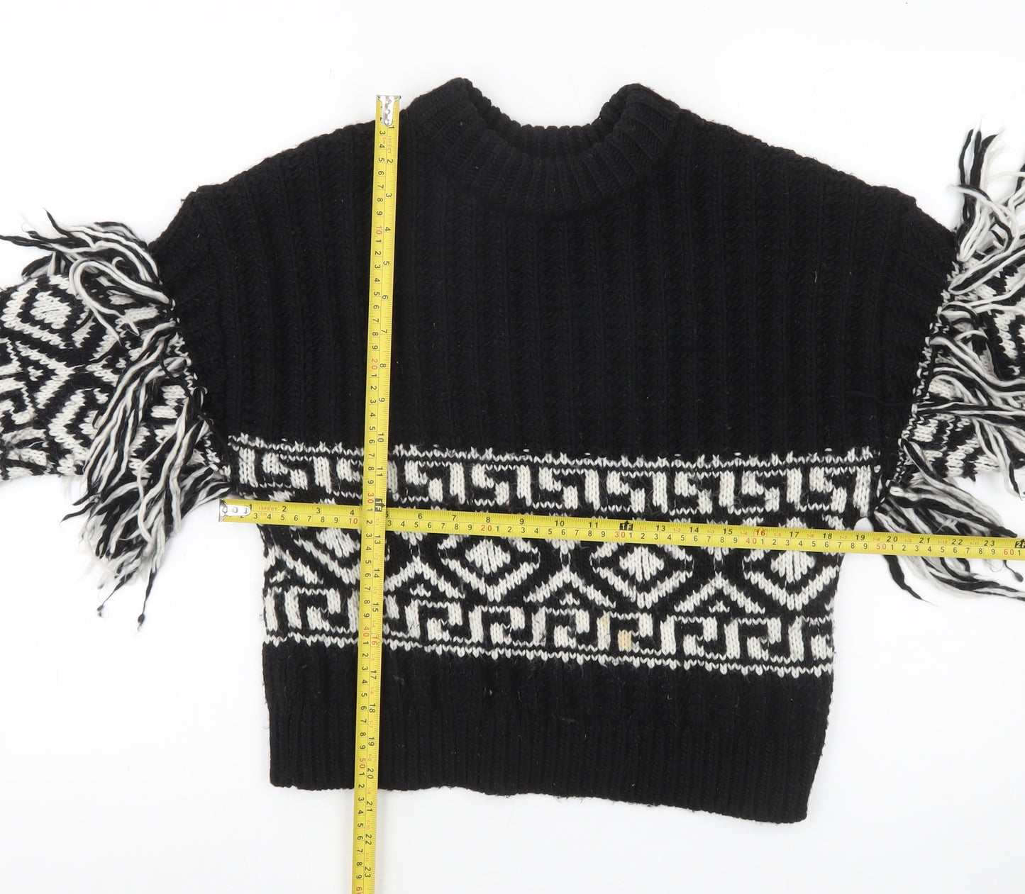 H&M Womens Black XS Geometric Fringe Knit Pullover Jumper