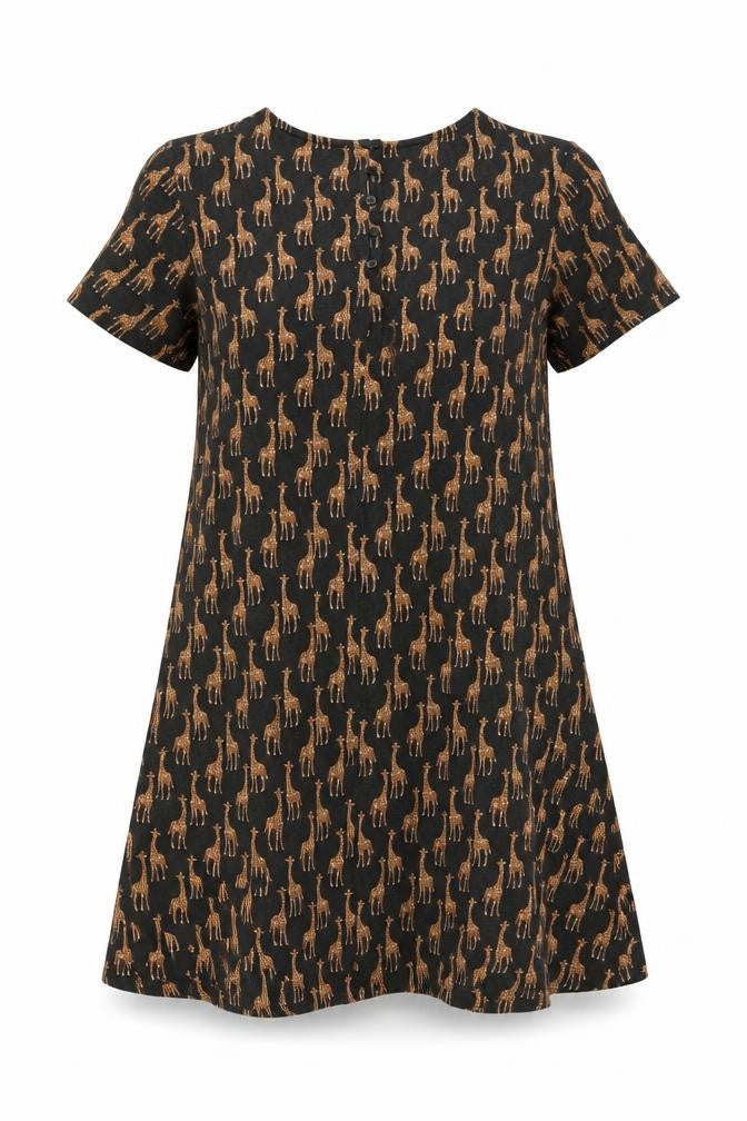 Fat Face Womens Black Giraffe Print Shift Dress UK 6 Short Sleeve