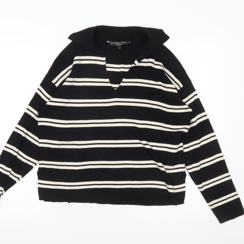 Studio Edit Women’s Black Striped Cotton Collared Jumper Size S