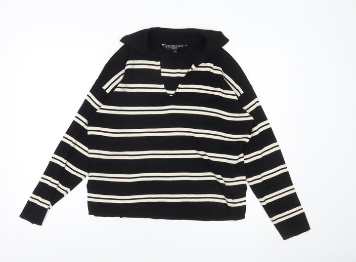 Studio Edit Women’s Black Striped Cotton Collared Jumper Size S