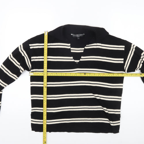 Studio Edit Women’s Black Striped Cotton Collared Jumper Size S