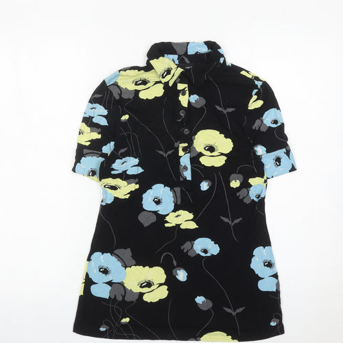 Next Women’s Black Floral Tunic Shirt Size 14 Short Sleeve Cotton Blend