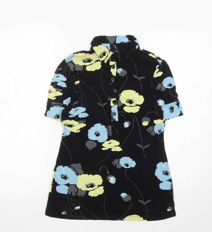 Next Women’s Black Floral Tunic Shirt Size 14 Short Sleeve Cotton Blend