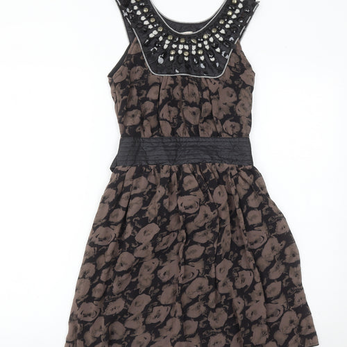 Miso Women’s Brown Black Beaded A-Line Knee Length Dress Size 8