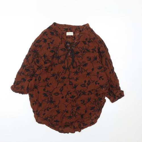 Wrap Womens Brown Floral Tunic Blouse Size 12 Viscose Lace Up
