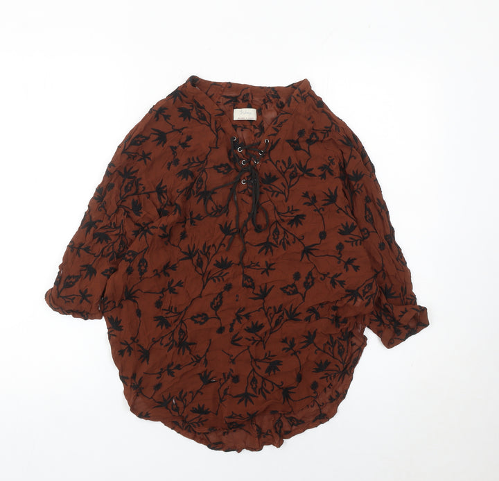 Wrap Womens Brown Floral Tunic Blouse Size 12 Viscose Lace Up