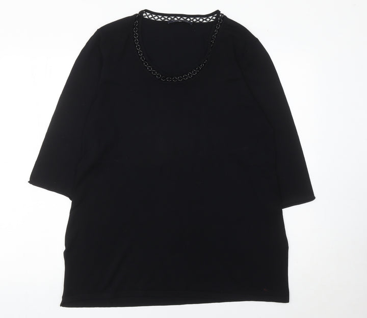 Windsmoor Womens Black Tunic Blouse L Beaded Scoop Neck 3/4 Sleeve