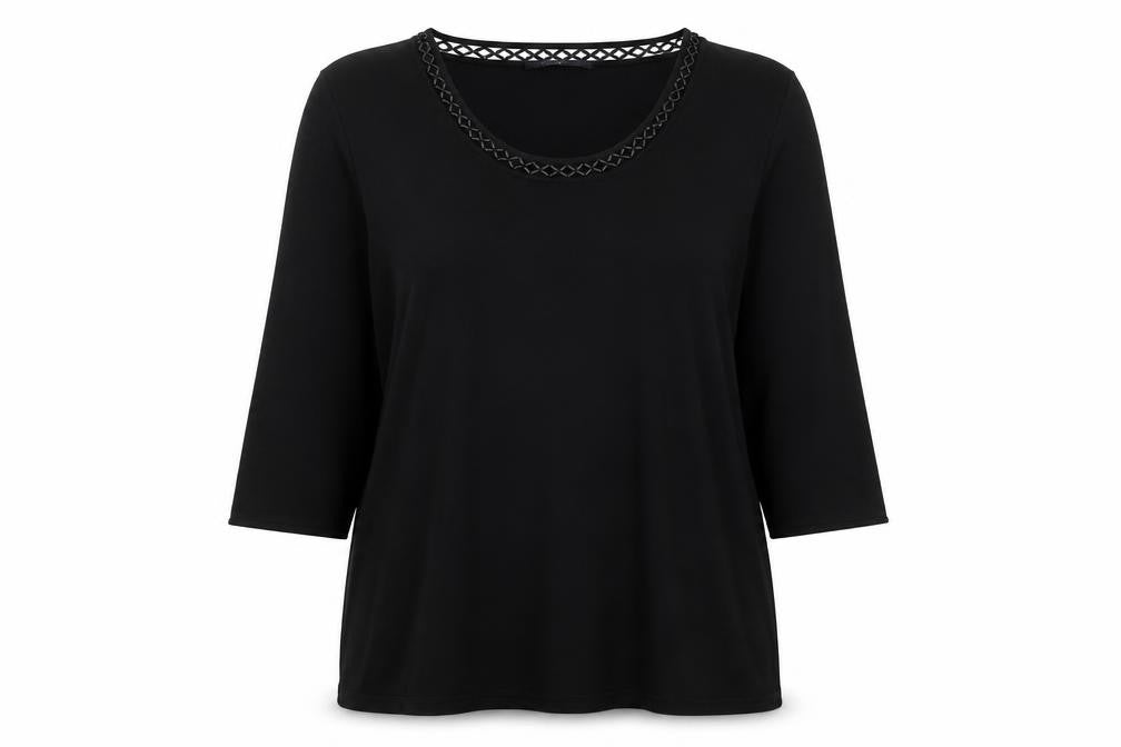 Windsmoor Womens Black Tunic Blouse L Beaded Scoop Neck 3/4 Sleeve
