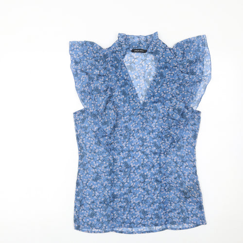 Yaya Women’s Blue Floral Ruffle Tunic Blouse Size 8 Sleeveless