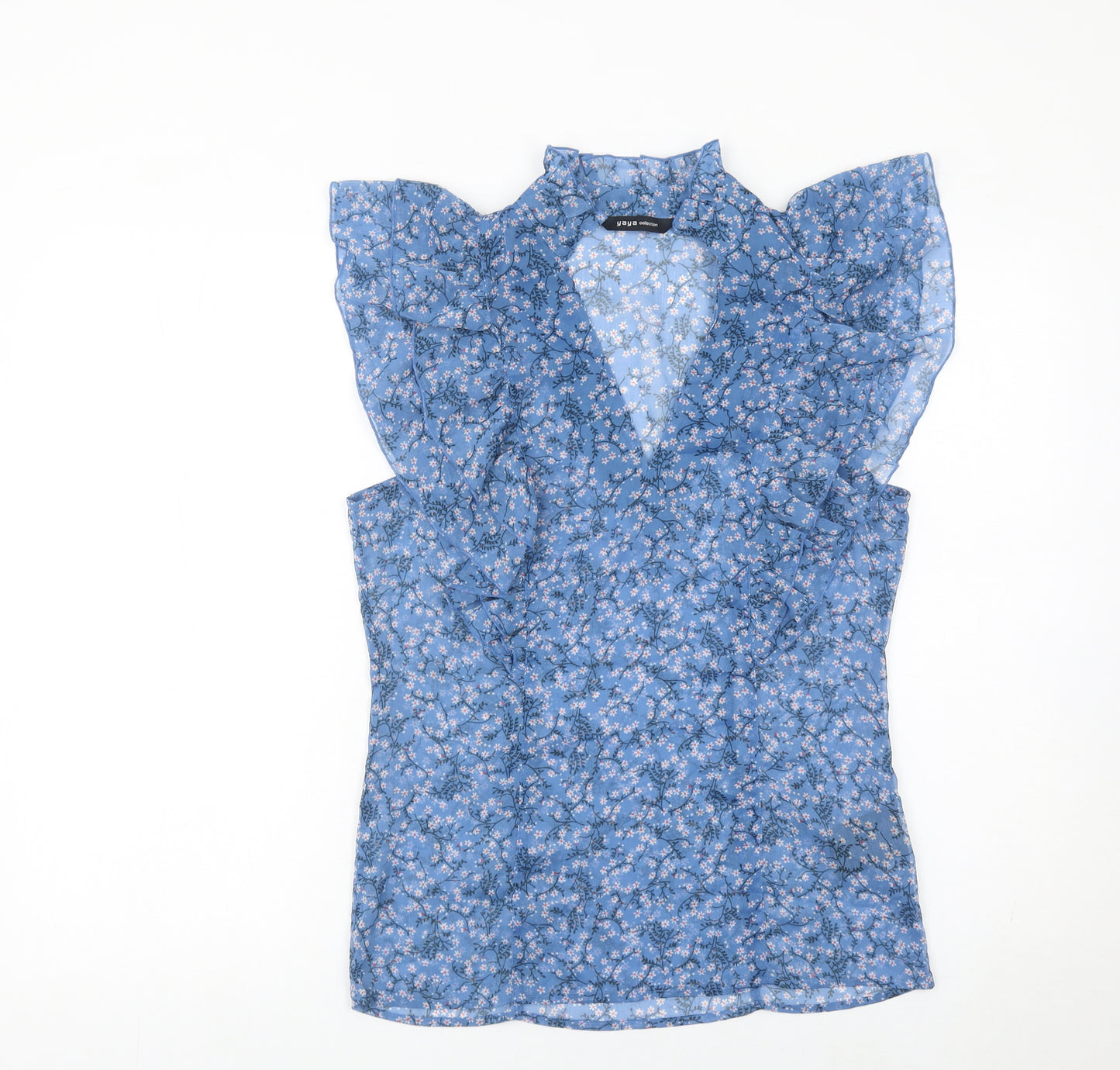 Yaya Women’s Blue Floral Ruffle Tunic Blouse Size 8 Sleeveless