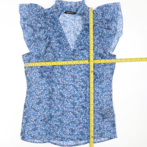 Yaya Women’s Blue Floral Ruffle Tunic Blouse Size 8 Sleeveless