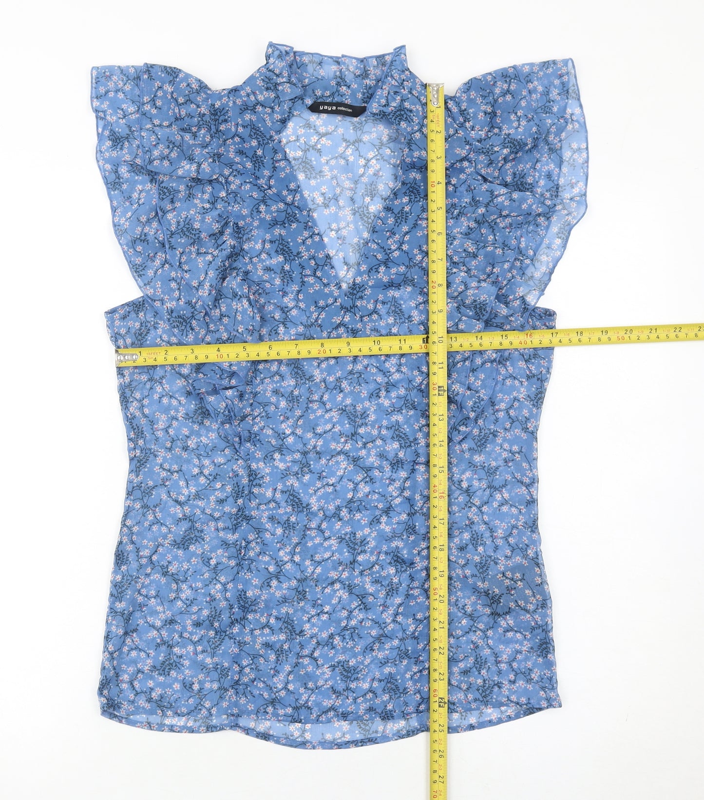 Yaya Women’s Blue Floral Ruffle Tunic Blouse Size 8 Sleeveless