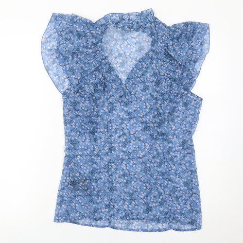Yaya Women’s Blue Floral Ruffle Tunic Blouse Size 8 Sleeveless