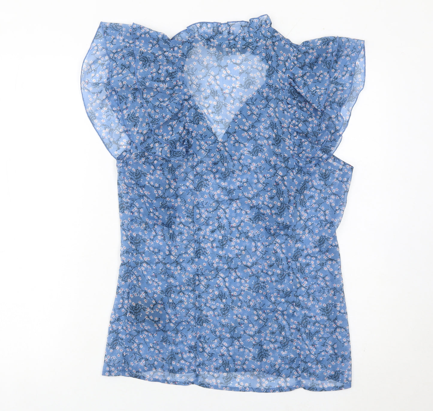 Yaya Women’s Blue Floral Ruffle Tunic Blouse Size 8 Sleeveless