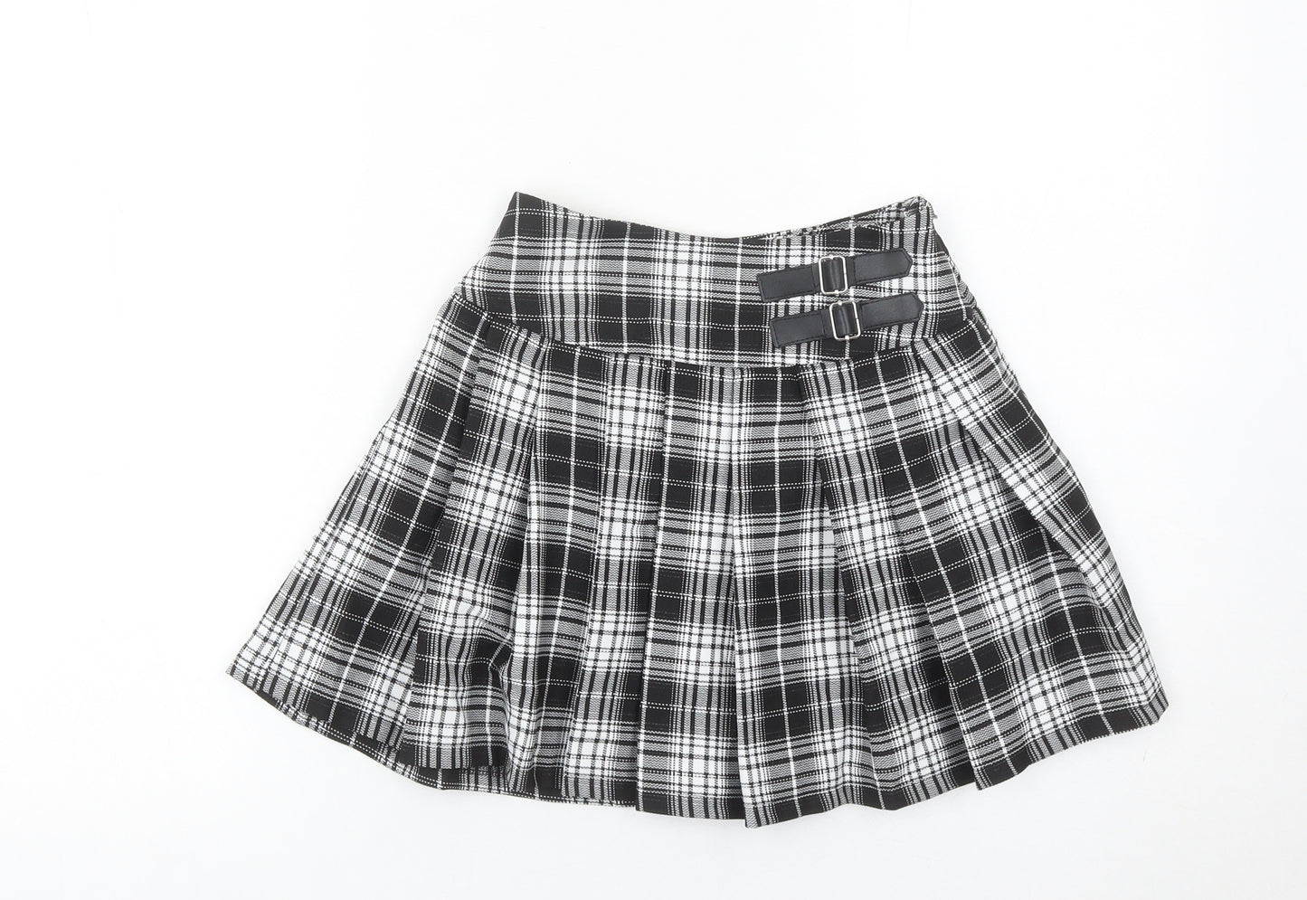 Primark Girls Black Plaid Pleated Skirt 8-9 Years School Short Buckle