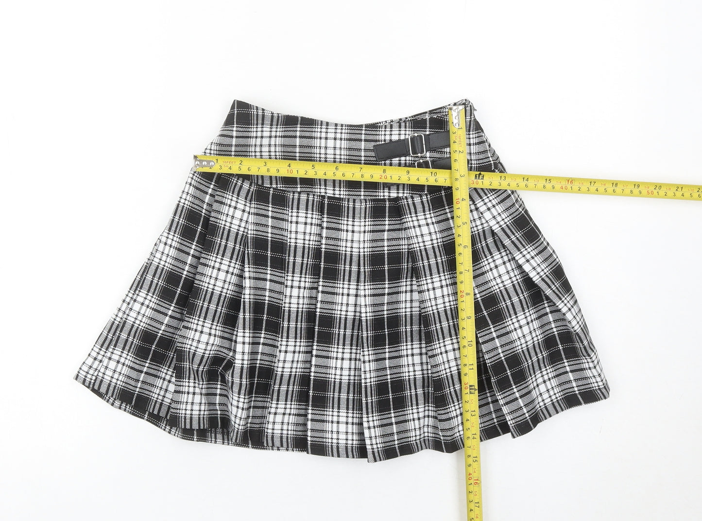 Primark Girls Black Plaid Pleated Skirt 8-9 Years School Short Buckle
