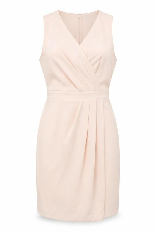Front view of Club Monaco Women's Beige, size 8, Sheath Knee Length V-Neck Dress