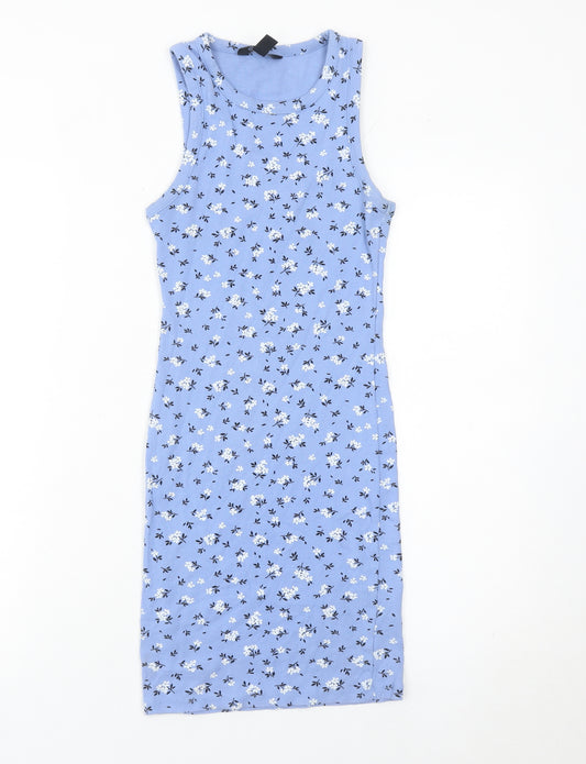 915 Girls Blue Floral Tank Dress Age 12-13 Jersey Cotton Knee Length