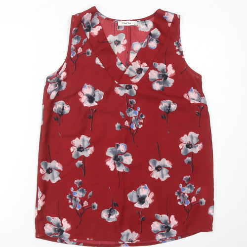 ChaCha Women’s Red Floral Sleeveless V-Neck Tunic Blouse Size S