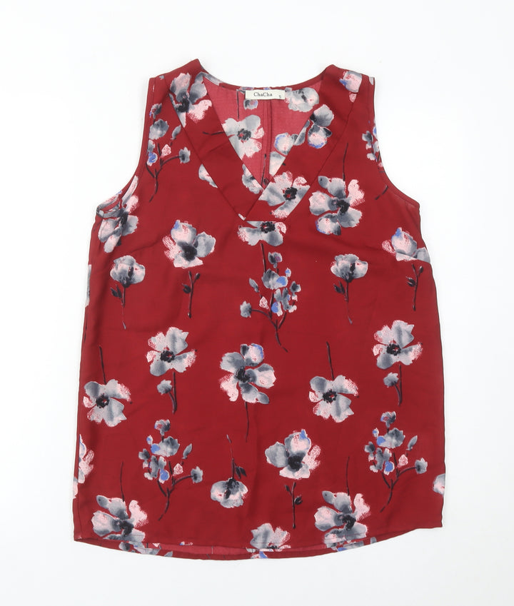 ChaCha Women’s Red Floral Sleeveless V-Neck Tunic Blouse Size S