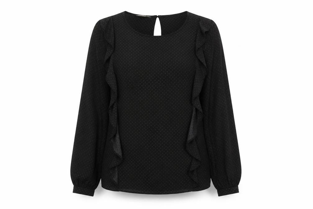 Front view of Monsoon Women Black Polka Dot Ruffle Long Sleeve Blouse, size 10