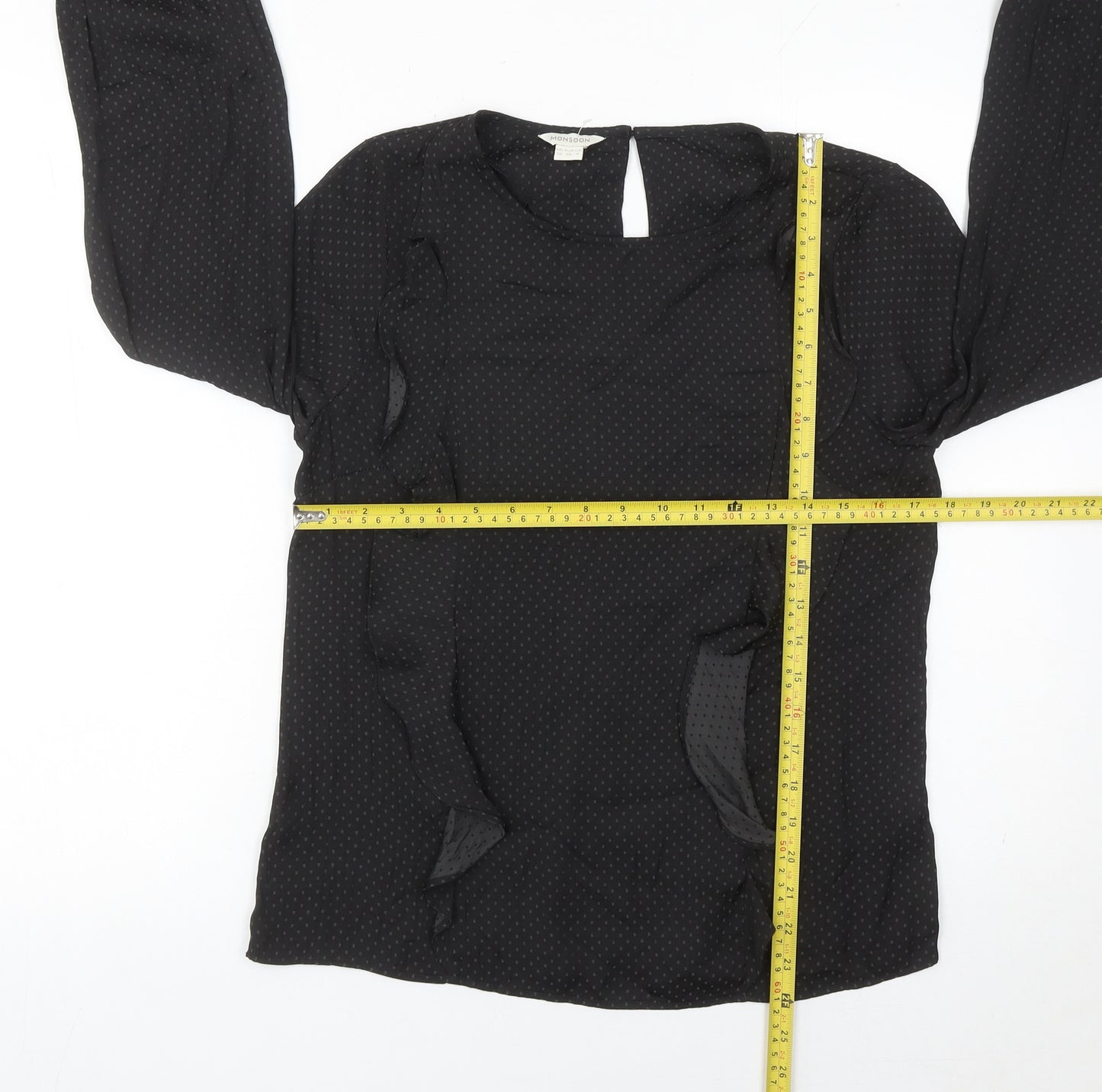 Monsoon Women Black Polka Dot Ruffle Long Sleeve Blouse Size 10