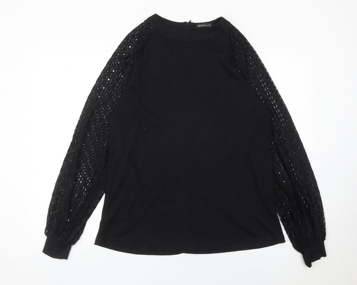MIHOLL Womens Black Lace Sleeve Blouse Size L Long Sleeve Top