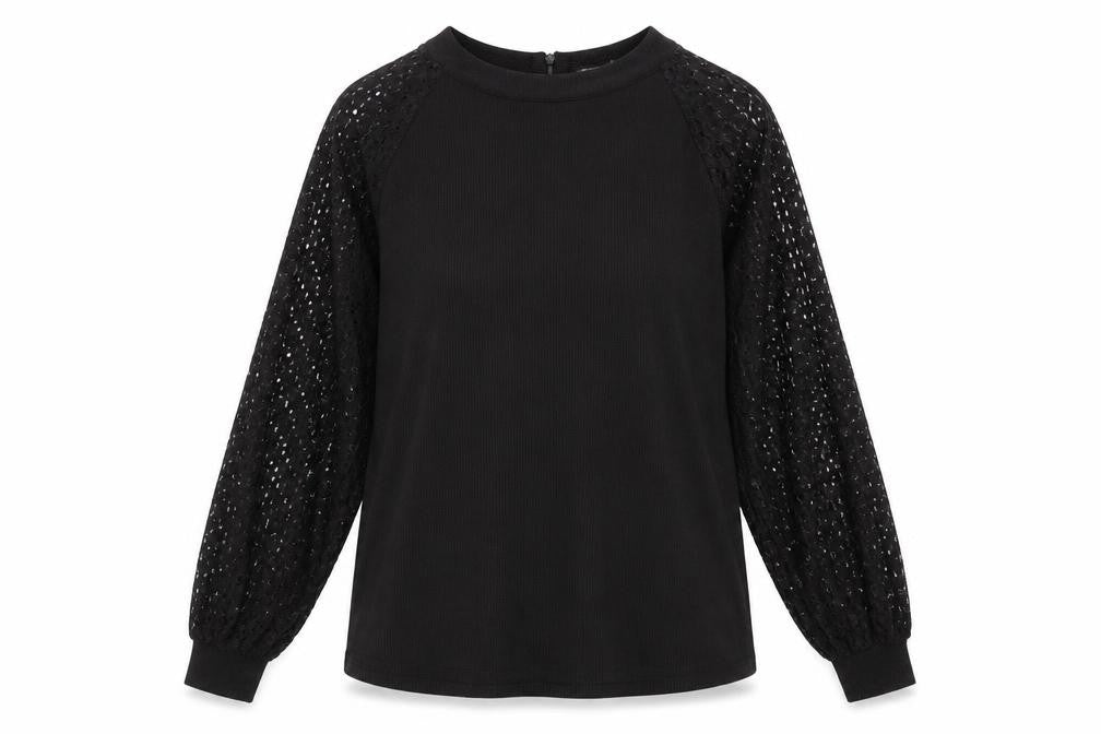 MIHOLL Womens Black Lace Sleeve Blouse Size L Long Sleeve Top