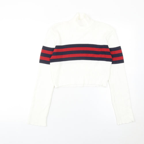 Urban Outfitters Women’s White Striped Mock Neck Slim Jumper Size S