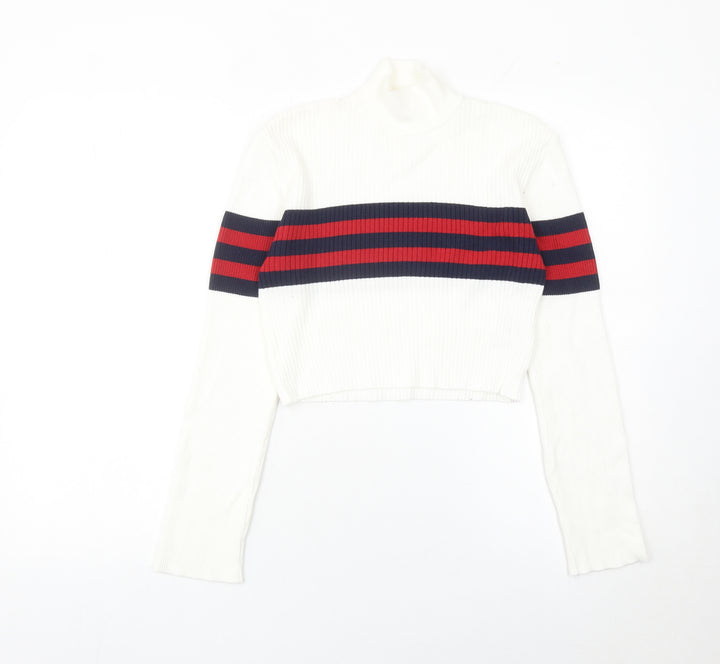 Urban Outfitters Women’s White Striped Mock Neck Slim Jumper Size S