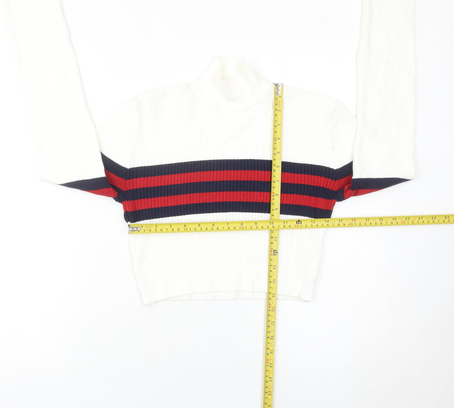 Urban Outfitters Women’s White Striped Mock Neck Slim Jumper Size S