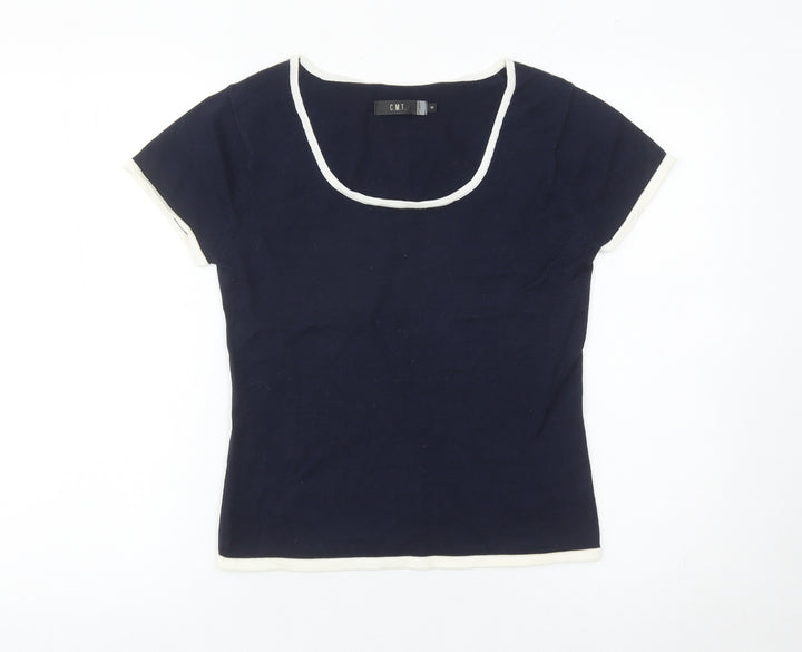 Jeff & Co Women’s Blue Square Neck Short Sleeve Cotton Pullover Jumper S