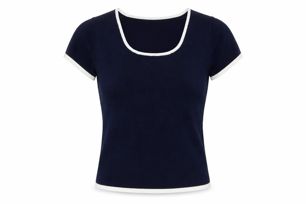 Front view of Jeff & Co Women’s Blue Square Neck Short Sleeve Cotton jumper S
