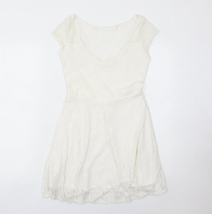 Hollister Women Ivory Lace Skater Dress Short Sleeve S
