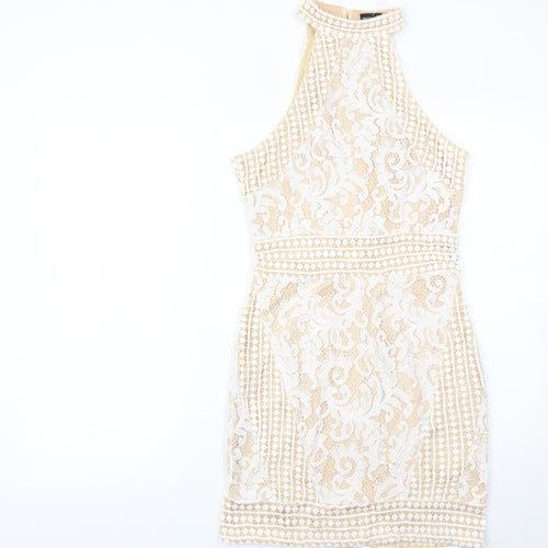 PrettyLittleThing Women’s Beige Lace Bodycon Halter Dress Size 8