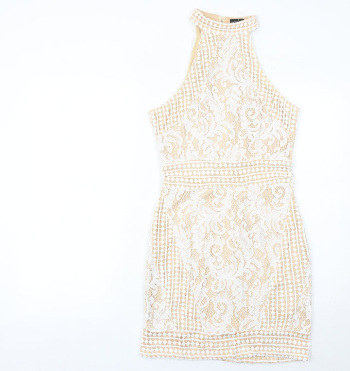 PrettyLittleThing Women’s Beige Lace Bodycon Halter Dress Size 8