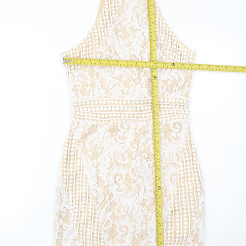 PrettyLittleThing Women’s Beige Lace Bodycon Halter Dress Size 8