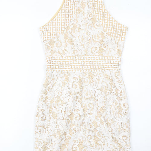 PrettyLittleThing Women’s Beige Lace Bodycon Halter Dress Size 8