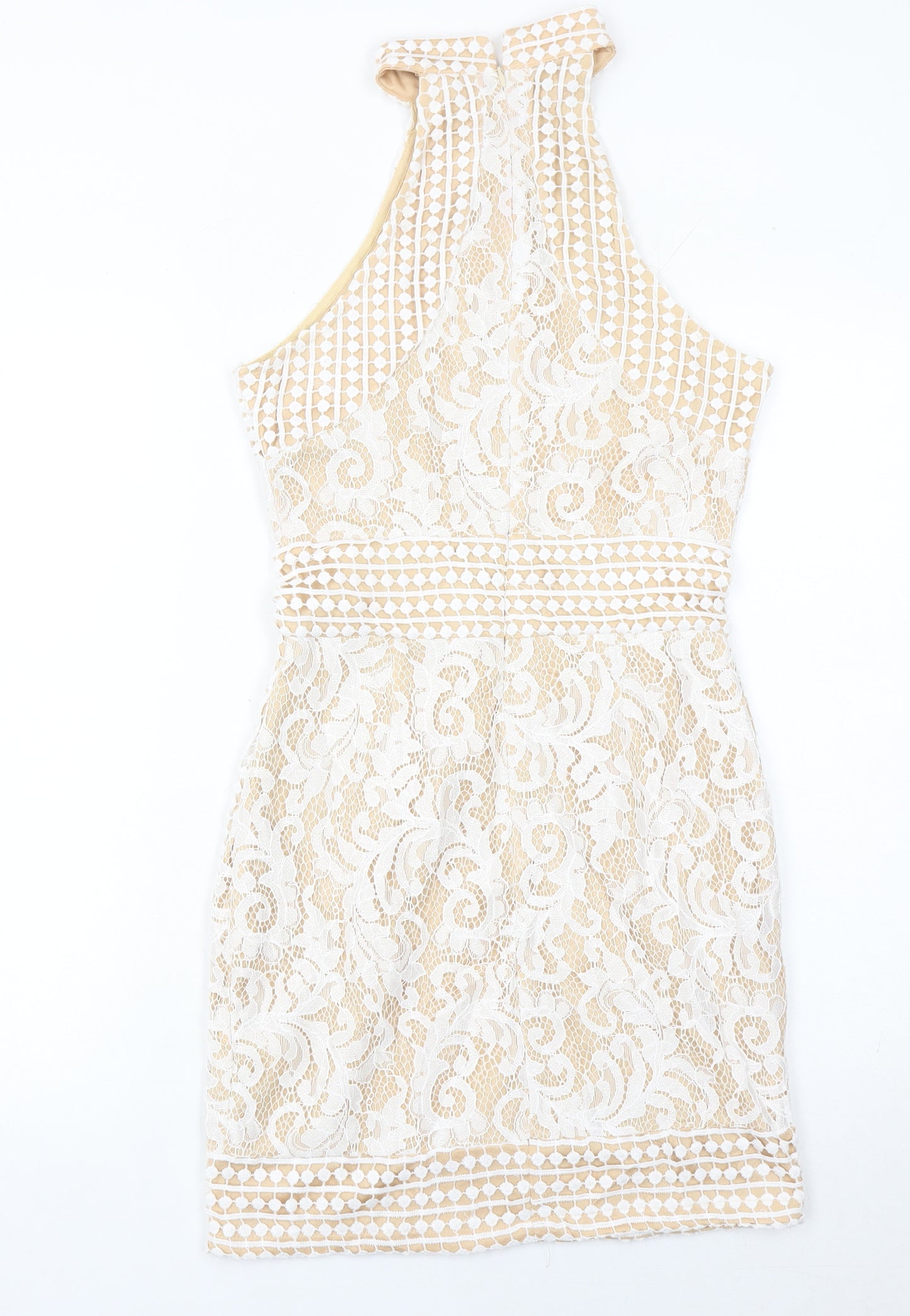 PrettyLittleThing Women’s Beige Lace Bodycon Halter Dress Size 8