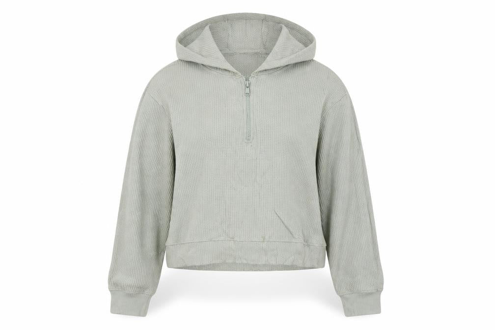 Front view of Threadbare Women’s Green Hoodie, size UK 10, Cotton 1/4 Zip Pullover