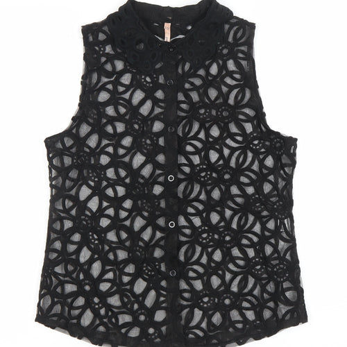 Sweewë Women’s Black Lace Floral Sleeveless Button-Up Top Size S