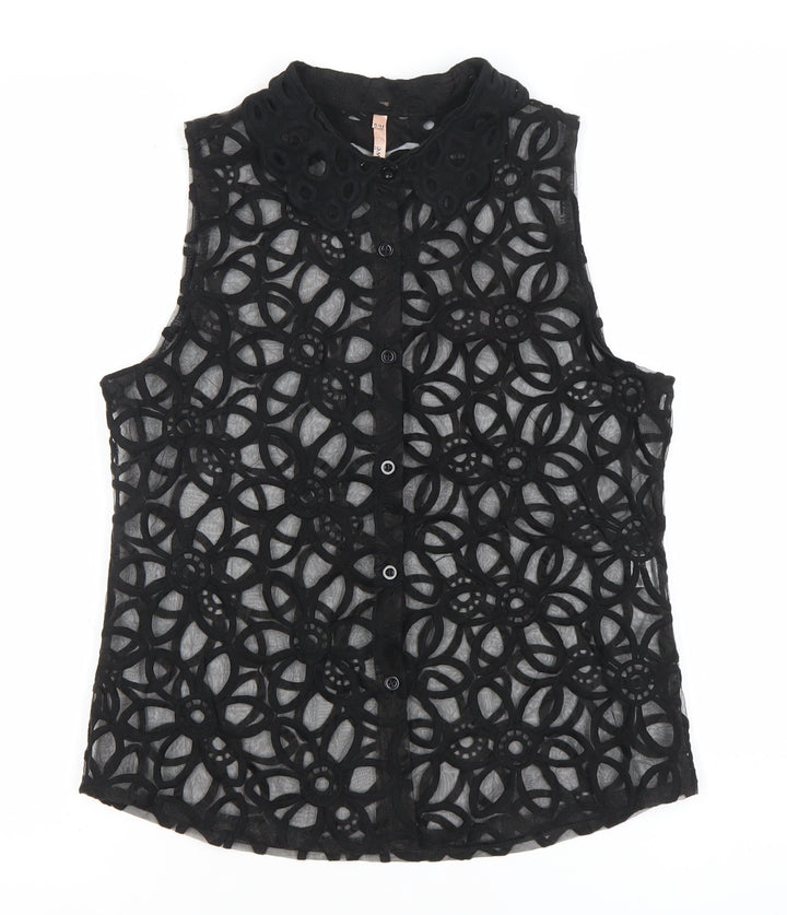Sweewë Women’s Black Lace Floral Sleeveless Button-Up Top Size S