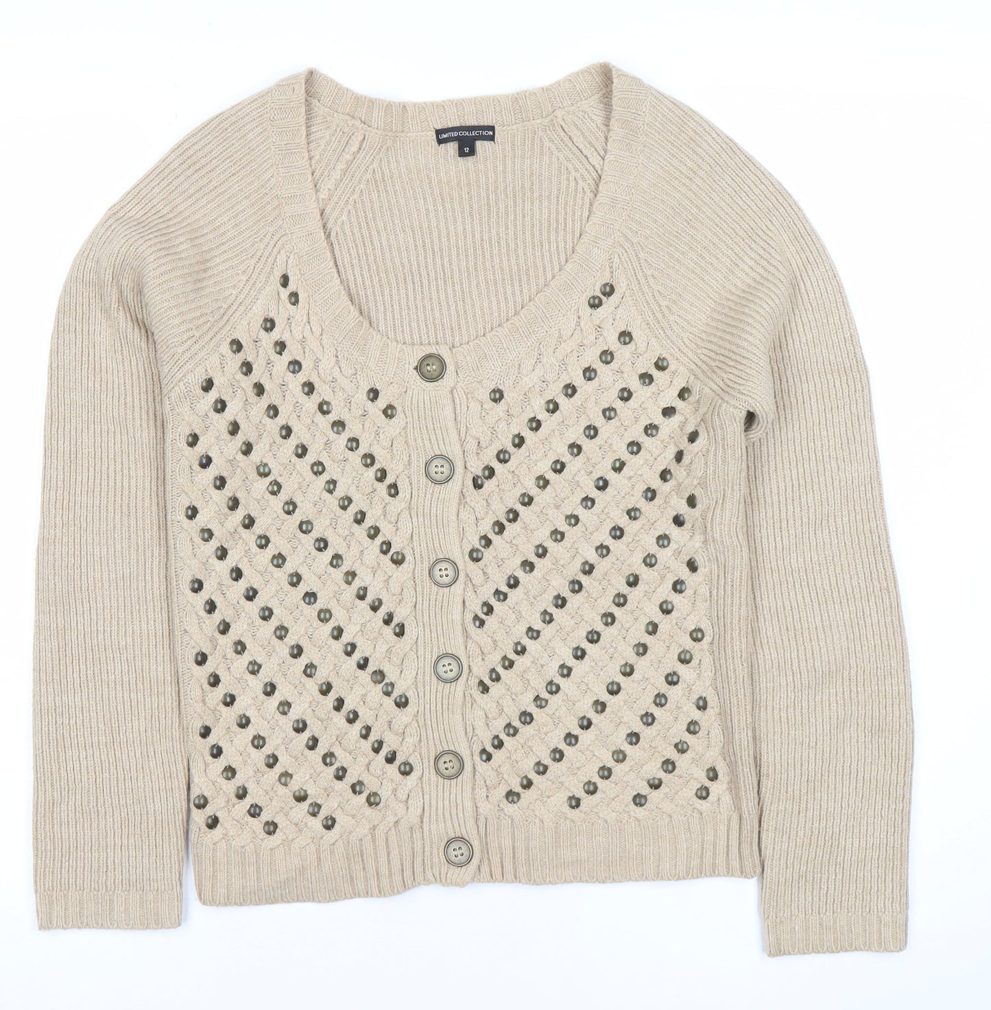 Marks and Spencer Women’s Beige Cardigan Size 12 Scoop Neck Knit