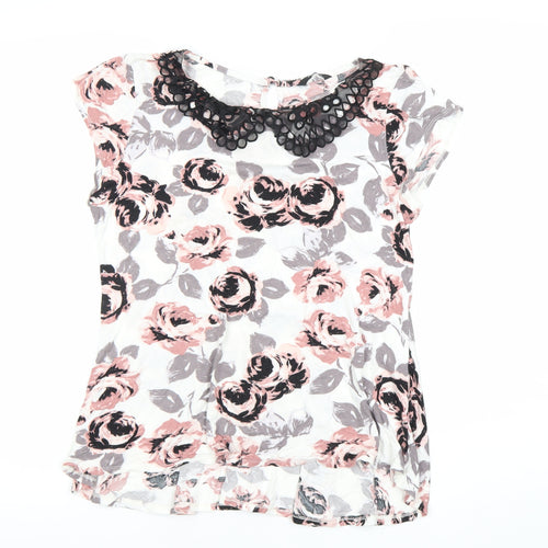 MeCo Womens Ivory Floral Tunic Blouse Top Size 12 Short Sleeve